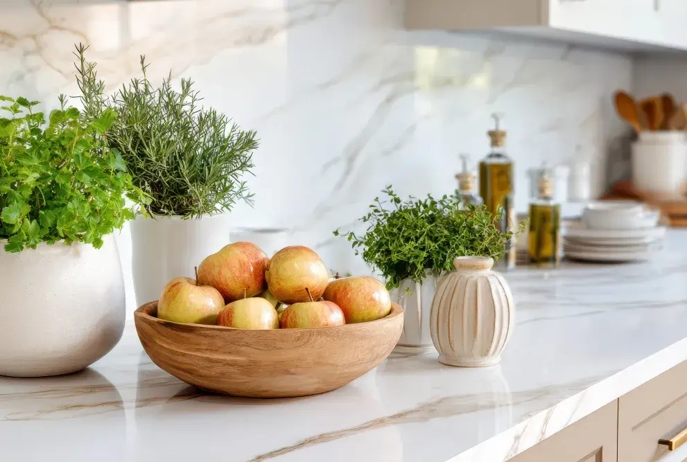 Frische Äpfel und Kräuter in dekorativen Töpfen auf einer modernen Marmor-Küchenarbeitsplatte mit Essgeschirr im Hintergrund
